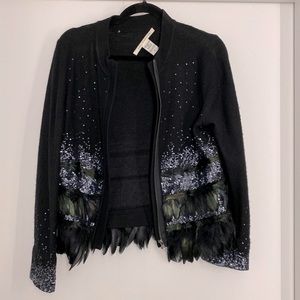 DVF wool sequin and feather appliqué zip up jacket.